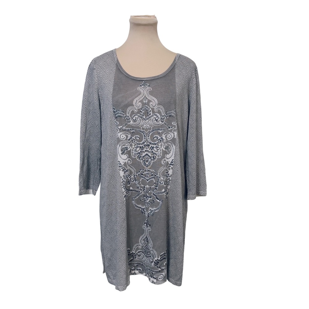 Chico's Women Tunic Sweater Size 2 Gray White Geometric Damask Print Knit